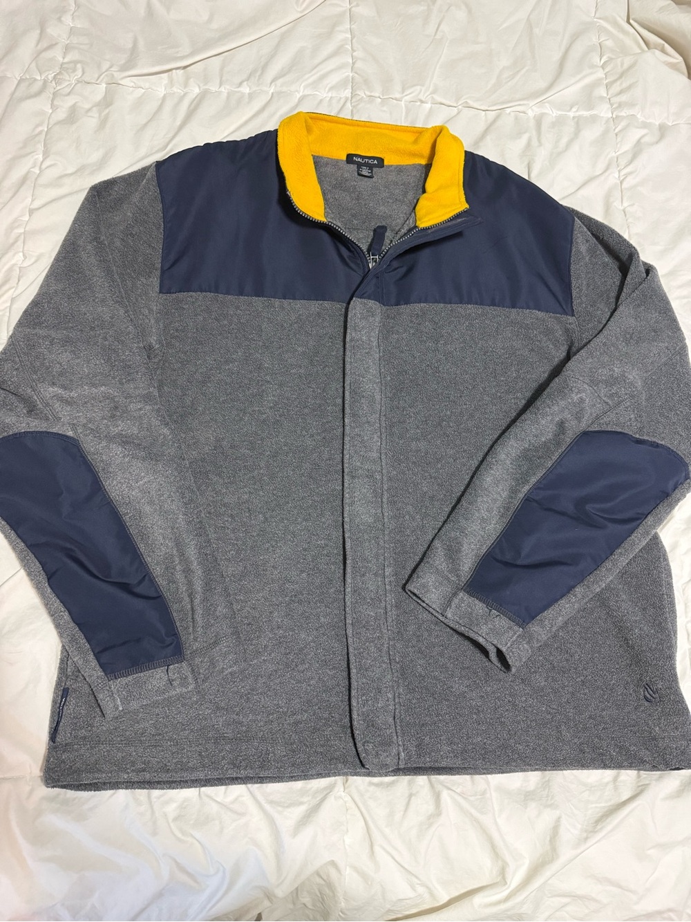 Nautica Grey Fleece Jacket with Navy Panels and Yellow Collar